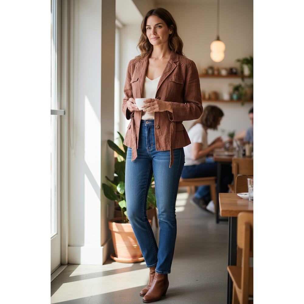 Zara Basic Linen Belted Utility Jacket Brown Women’s L Fits M Made in Spain